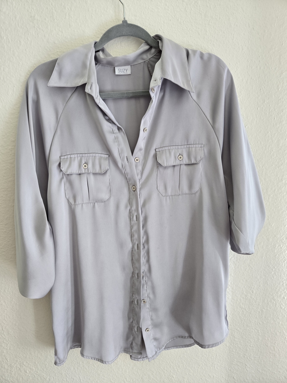 Suzy Shier Light Gray Satin Blouse - Soft Collared Top